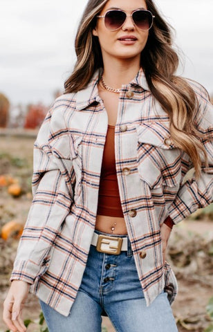 Fall Vibes Plaid Print Shacket | Beige Combo