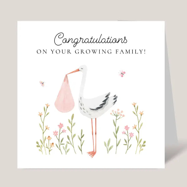 Baby Shower Card For New Parents of Baby Girl, Pink Stork