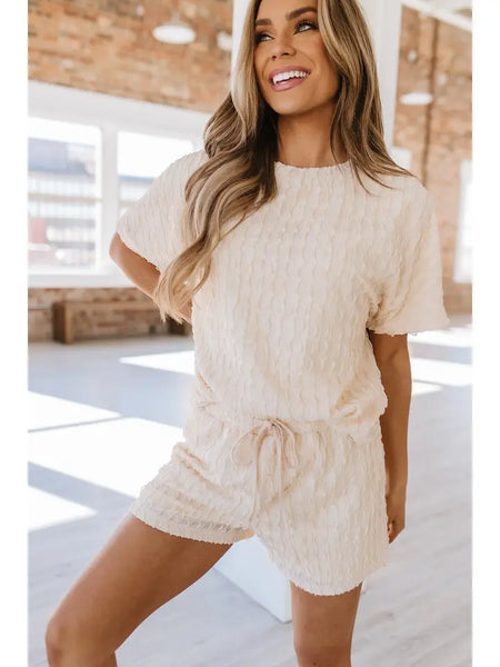 Frill Textured Tee and Shorts Set | Beige