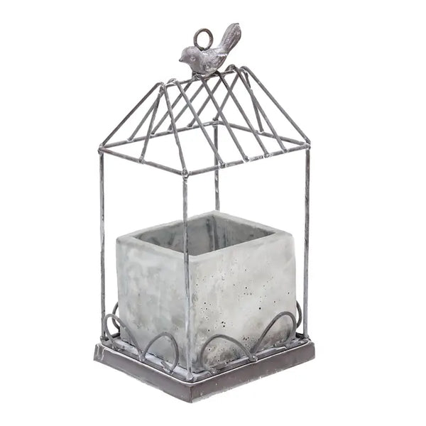 Graywash Metal Birdcage w/Cement Planter