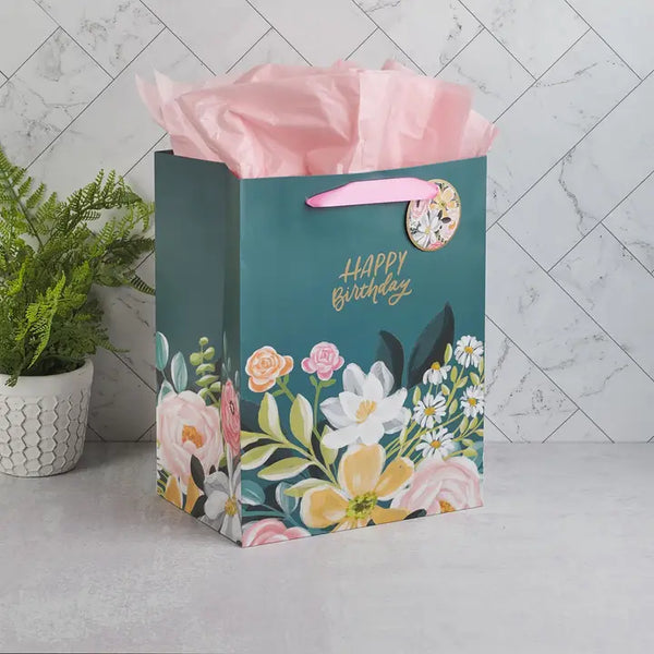 Portrait Dark Floral Happy Birthday - Large Gift Bag