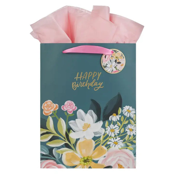Portrait Dark Floral Happy Birthday - Large Gift Bag