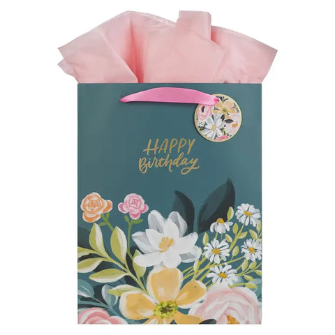 Portrait Dark Floral Happy Birthday - Large Gift Bag