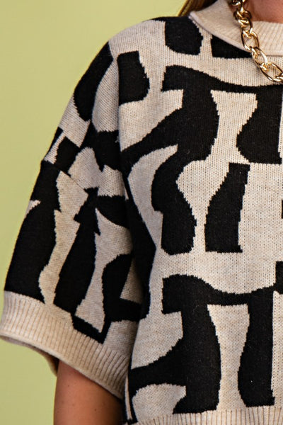 Short Sleeve Geometric Print Sweater | Black