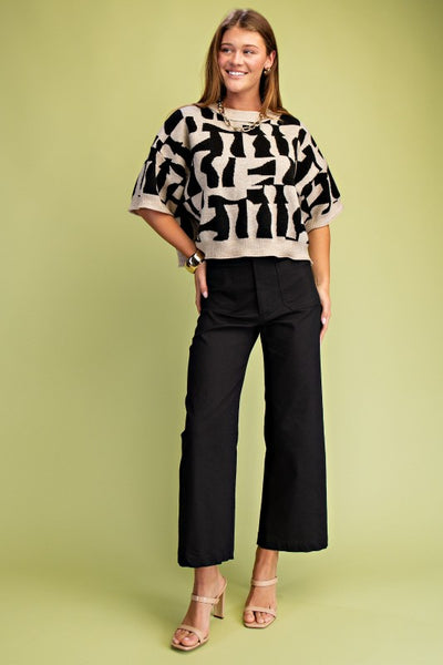 Short Sleeve Geometric Print Sweater | Black