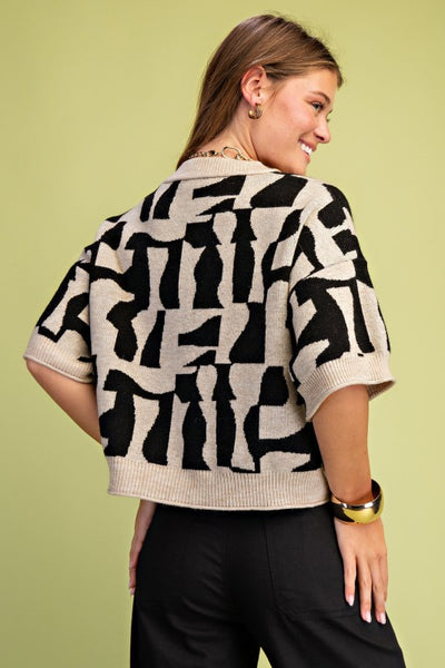 Short Sleeve Geometric Print Sweater | Black