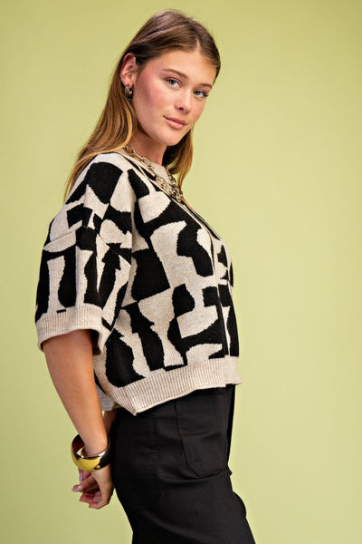 Short Sleeve Geometric Print Sweater | Black