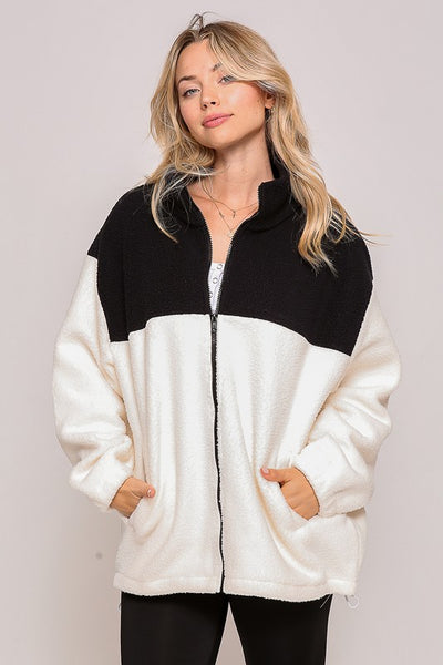 Color Block Sherpa Drawstring Jacket | Black/Cream