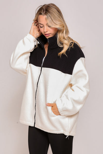 Color Block Sherpa Drawstring Jacket | Black/Cream