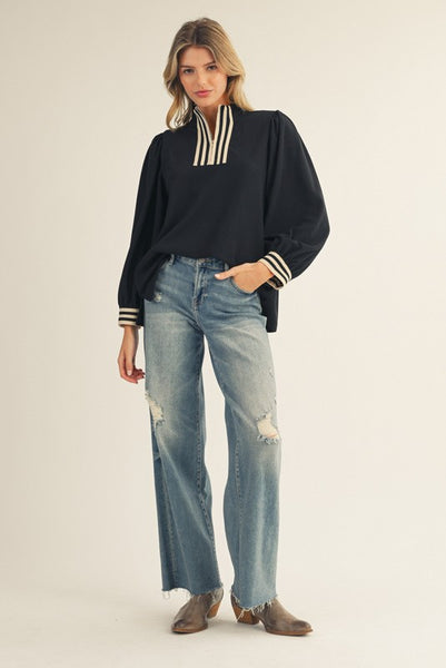 Rib Band Accent High Neck Top | Black