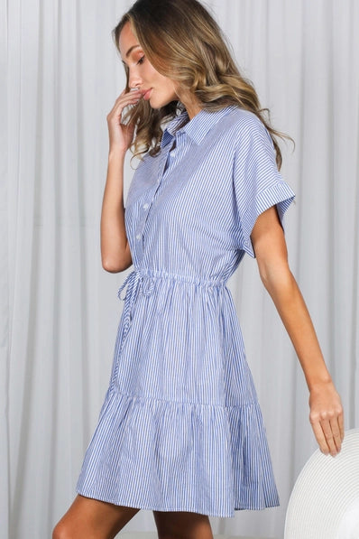 Short Roll-Up Sleeve Stripe Print Dress | Blue
