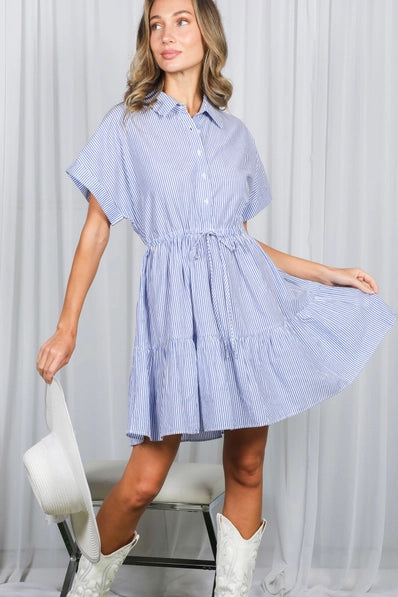 Short Roll-Up Sleeve Stripe Print Dress | Blue