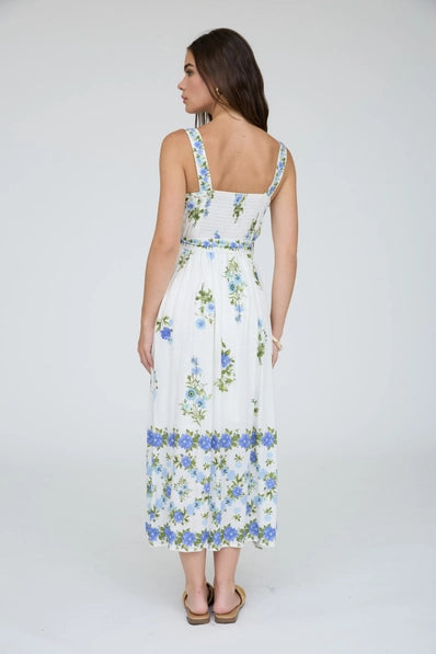 Floral Border Pattern Belt Strap Midi Dress | Blue Multi
