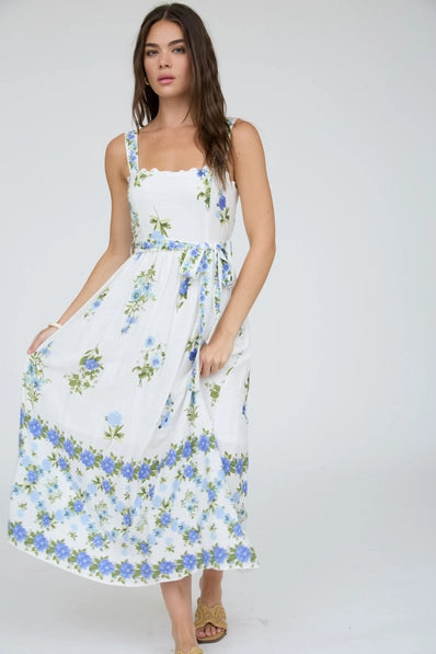 Floral Border Pattern Belt Strap Midi Dress | Blue Multi