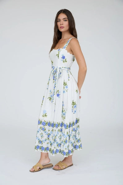 Floral Border Pattern Belt Strap Midi Dress | Blue Multi