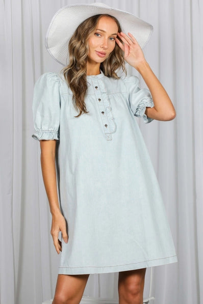Ruffled Button Placket Accent Knee Dress | Blue