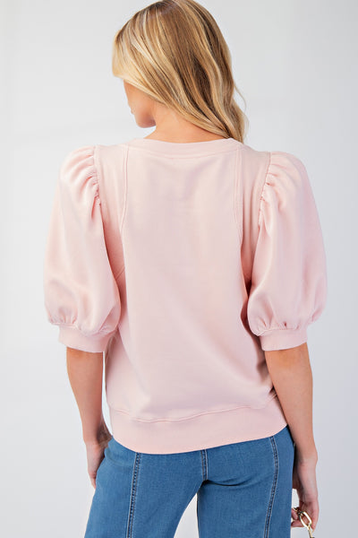 PUFF SLEEVES MELANGIE TERRY KNIT TOP | Blush