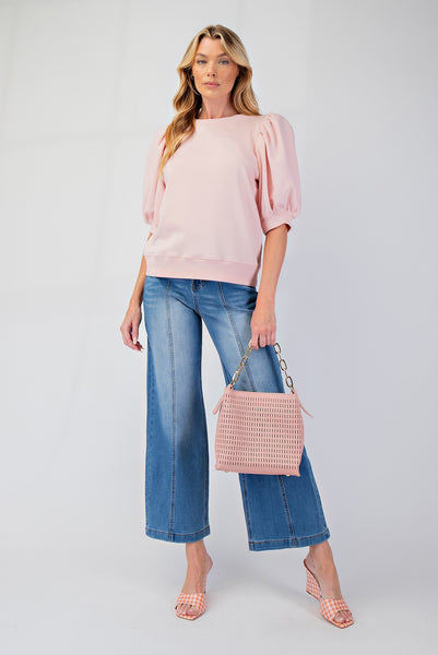 PUFF SLEEVES MELANGIE TERRY KNIT TOP | Blush