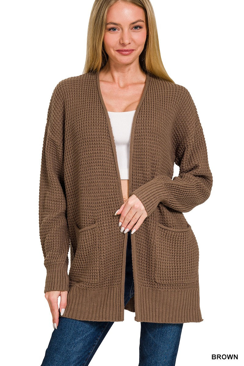 Low Gauge Waffle Open Cardigan Sweater | Brown