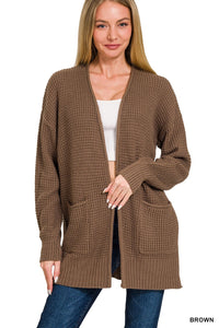 Low Gauge Waffle Open Cardigan Sweater | Brown