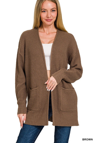 Low Gauge Waffle Open Cardigan Sweater | Brown