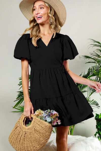 Bubble Short Sleeve Bow Waist Wrap Mini Dress | Black