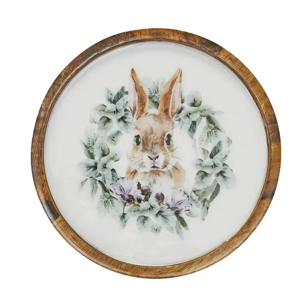 Bunny Hop Wooden Plate Natural w/ Bunny & Wreath 10 Inch Diameter