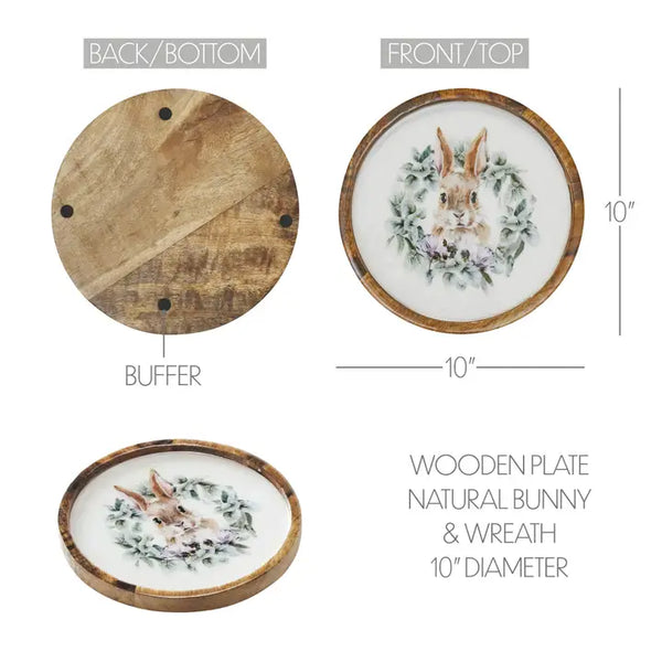 Bunny Hop Wooden Plate Natural w/ Bunny & Wreath 10 Inch Diameter