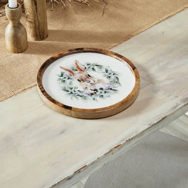 Bunny Hop Wooden Plate Natural w/ Bunny & Wreath 10 Inch Diameter