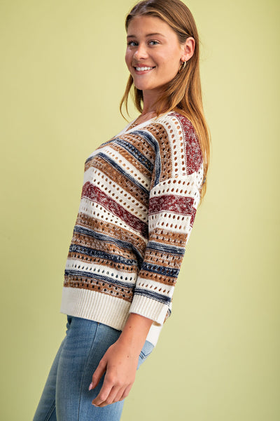 Striped Crochet Knit Sweater| Burgundy