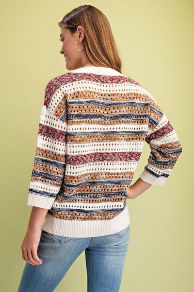 Striped Crochet Knit Sweater| Burgundy