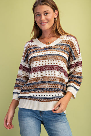 Striped Crochet Knit Sweater| Burgundy