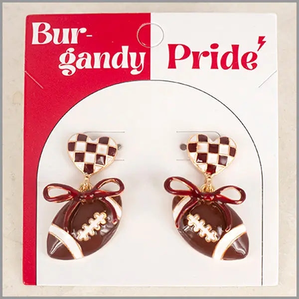Burgandy and White Color Coated Heart with Bow & Football Gameday Stud Earrings