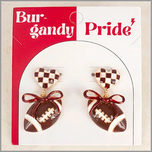 Burgandy and White Color Coated Heart with Bow & Football Gameday Stud Earrings