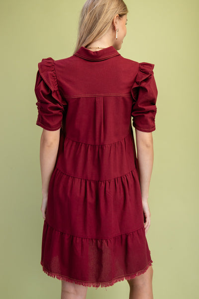 Linen Button Up Shirt Dress| Burgundy