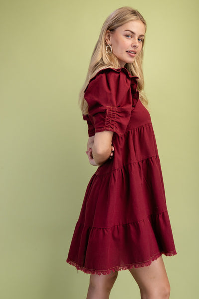 Linen Button Up Shirt Dress| Burgundy