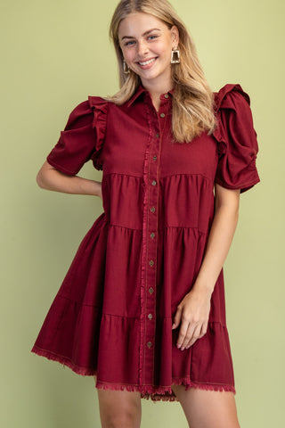 Linen Button Up Shirt Dress| Burgundy