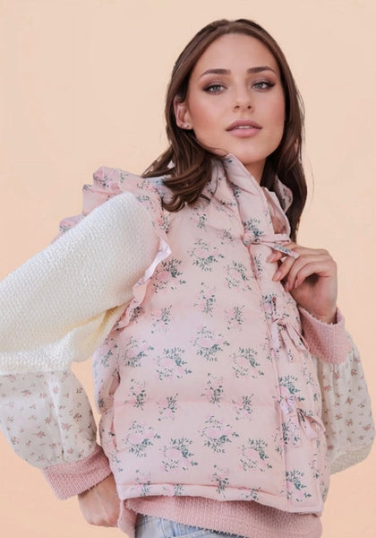Front Bow Floral Puffer Vest | Pink