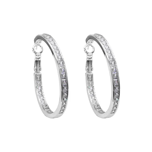 Gold Dipped Cz Stone Channel Hoop Earrings | Rhodium