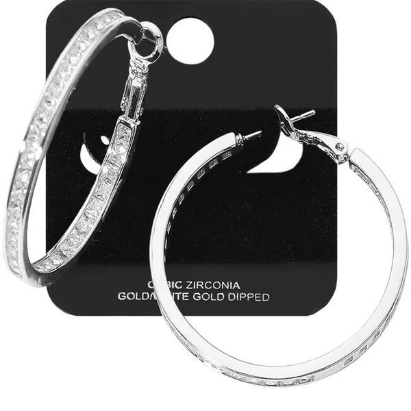 Gold Dipped Cz Stone Channel Hoop Earrings | Rhodium