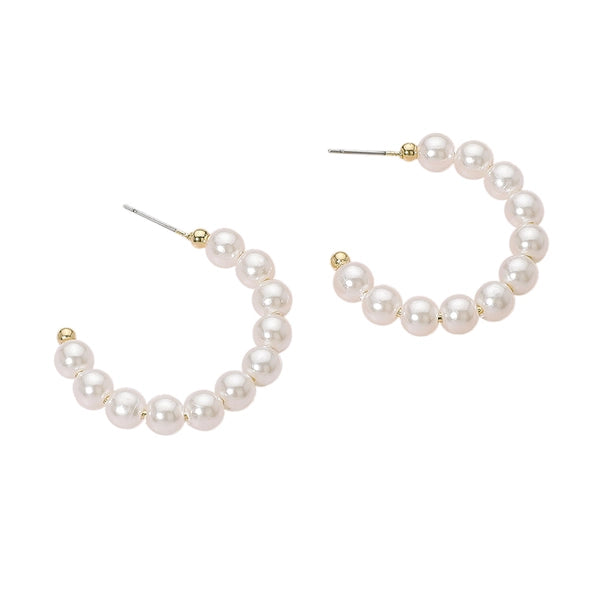 Pearl Beaded Hoop Earrings| Rhodium, White