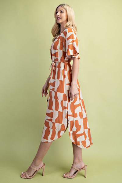 Abstract Print Midi Dress |Camel Mix