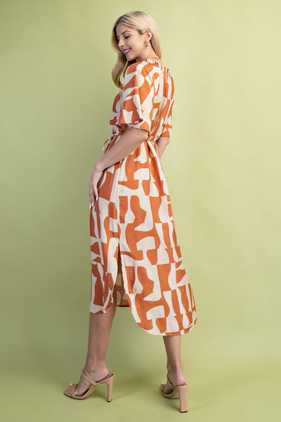 Abstract Print Midi Dress |Camel Mix