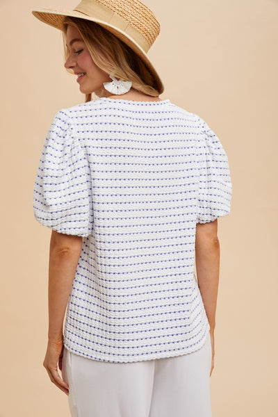 Checker Detail Balloon Sleeve Knit Top| Ivory/Blue