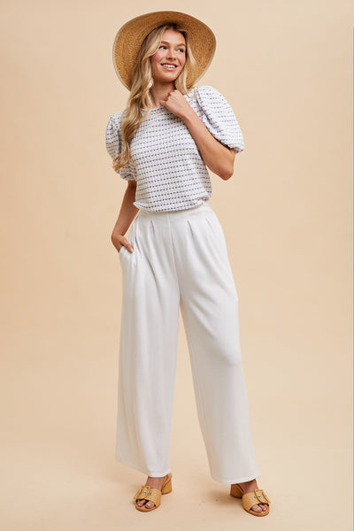 Checker Detail Balloon Sleeve Knit Top| Ivory/Blue