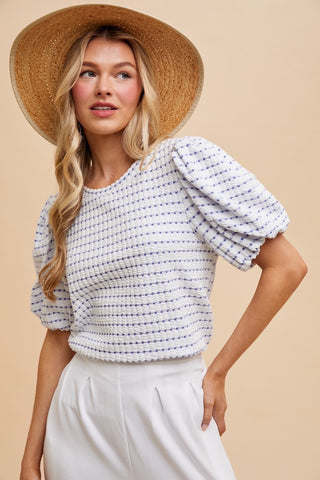 Checker Detail Balloon Sleeve Knit Top| Ivory/Blue