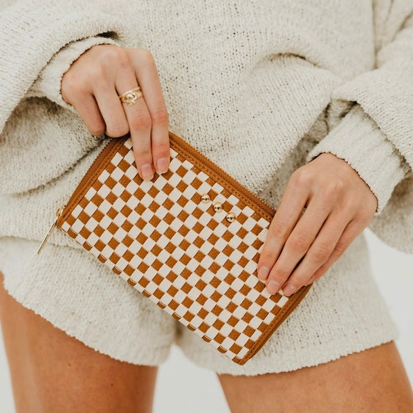 Lenni Large Zip Woven Wallet | Woven Checkered Tan