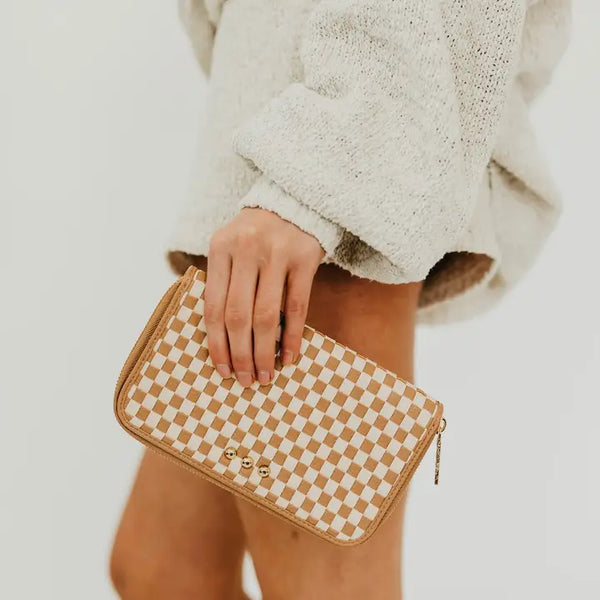 Lenni Large Zip Woven Wallet | Woven Checkered Tan