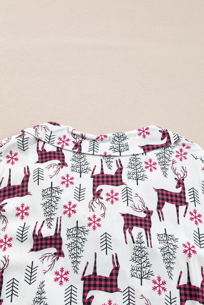 Christmas Printed Shirt and Pants Pajama Set-White