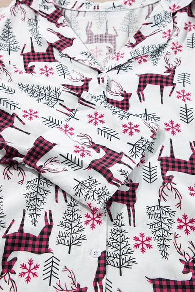 Christmas Printed Shirt and Pants Pajama Set-White